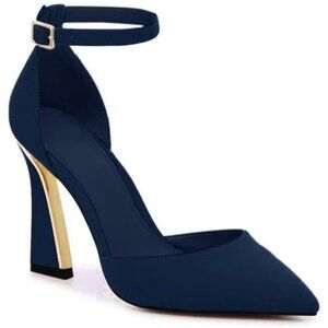 Women's Navy Point Closed Toe Buckle Ankle Strap Comfortable Stylish Pumps Heels